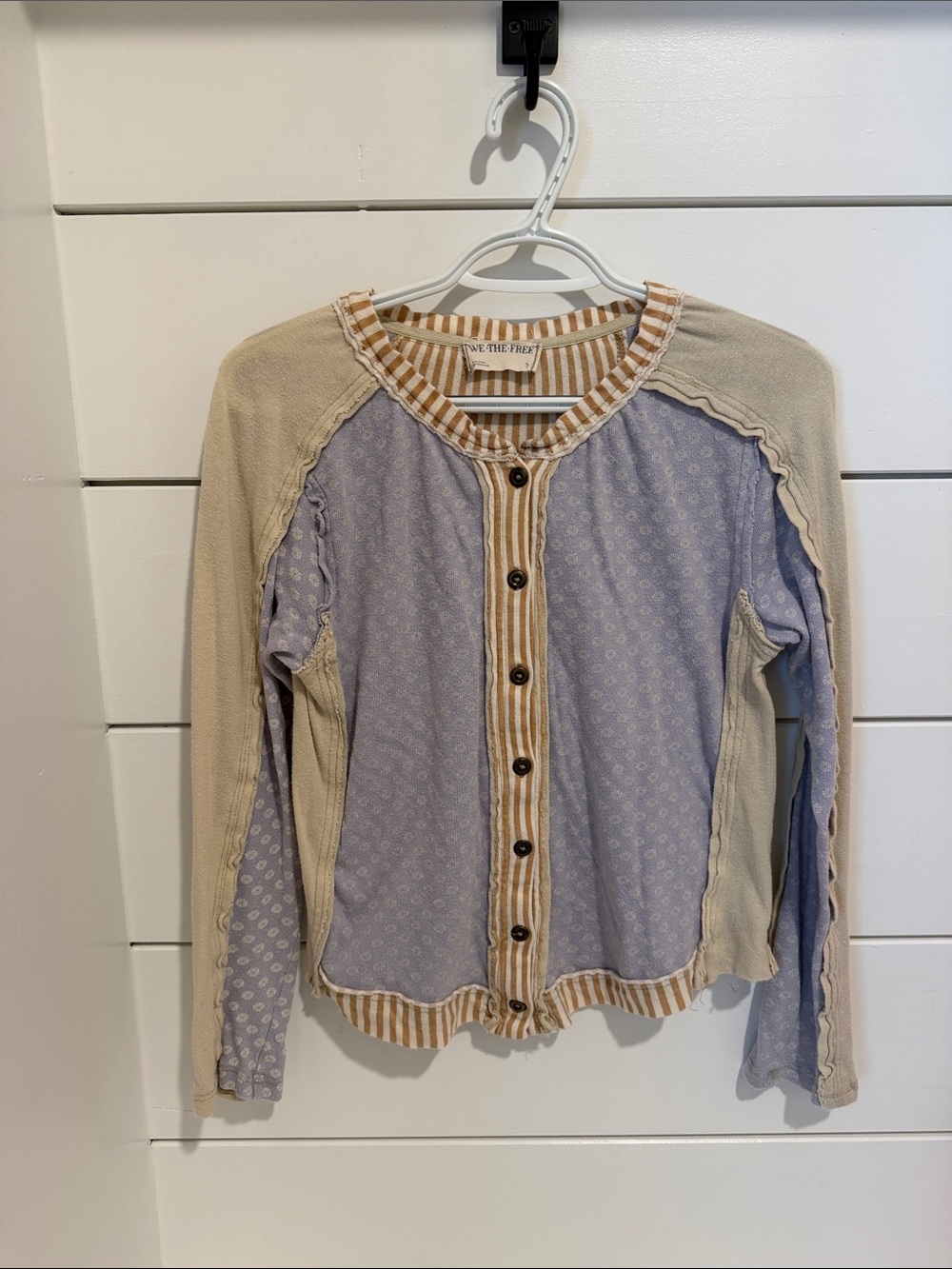 We The Free Lavender & Cream Striped-Trim Button Front Top